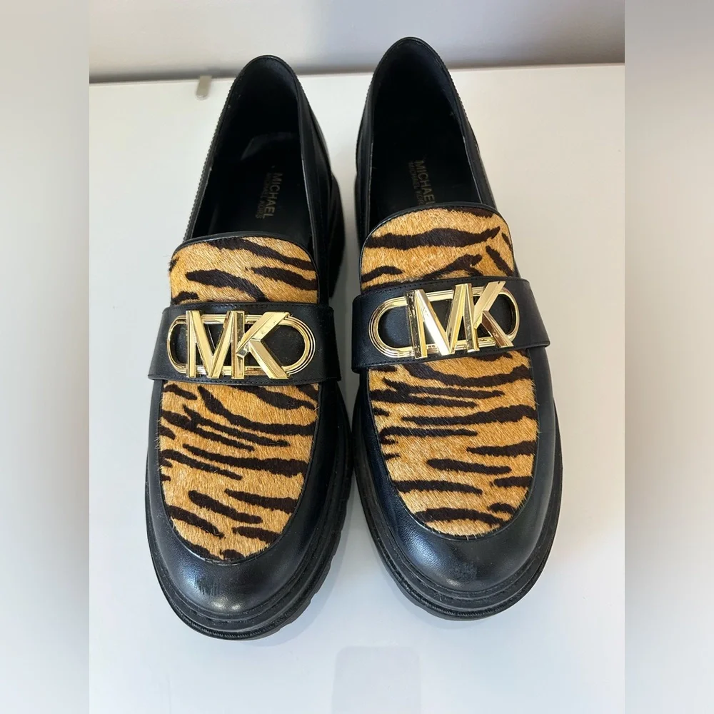 MICHAEL Michael Kors Black Leather Loafers with Tiger Print and Gold Hardware - Picture 2 of 4